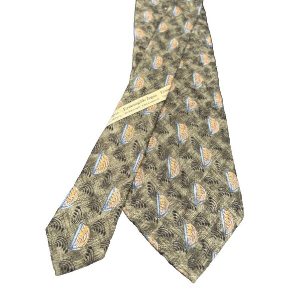 ERMENEGILDO ZEGNA Men's Tie 100% Silk ITALY Luxury FLORAL Green Orange EUC - Picture 3 of 8